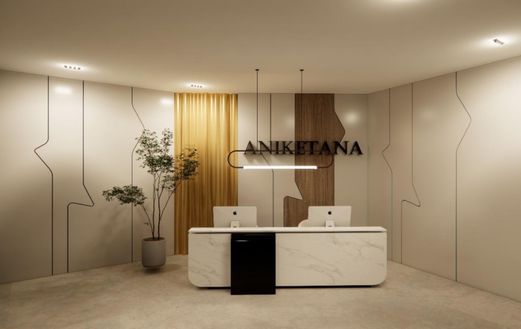 Contemporary reception and welcome area at Anikethana Vidya Mandira