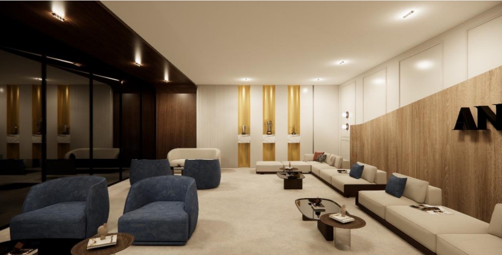 Open lounge with wood panelling and seating for group learning and reading