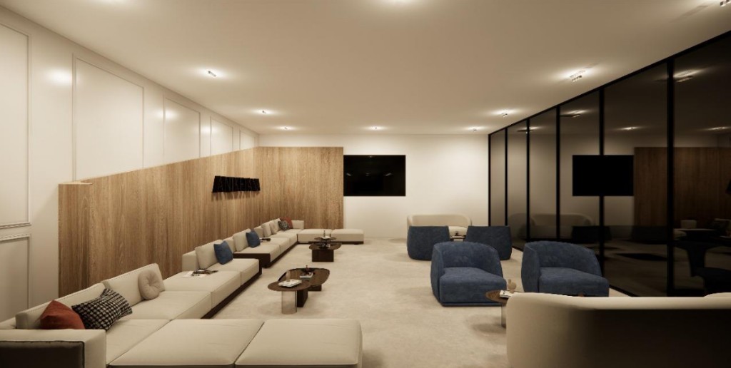 Lounge interior with wood feature wall and contemporary furnishings