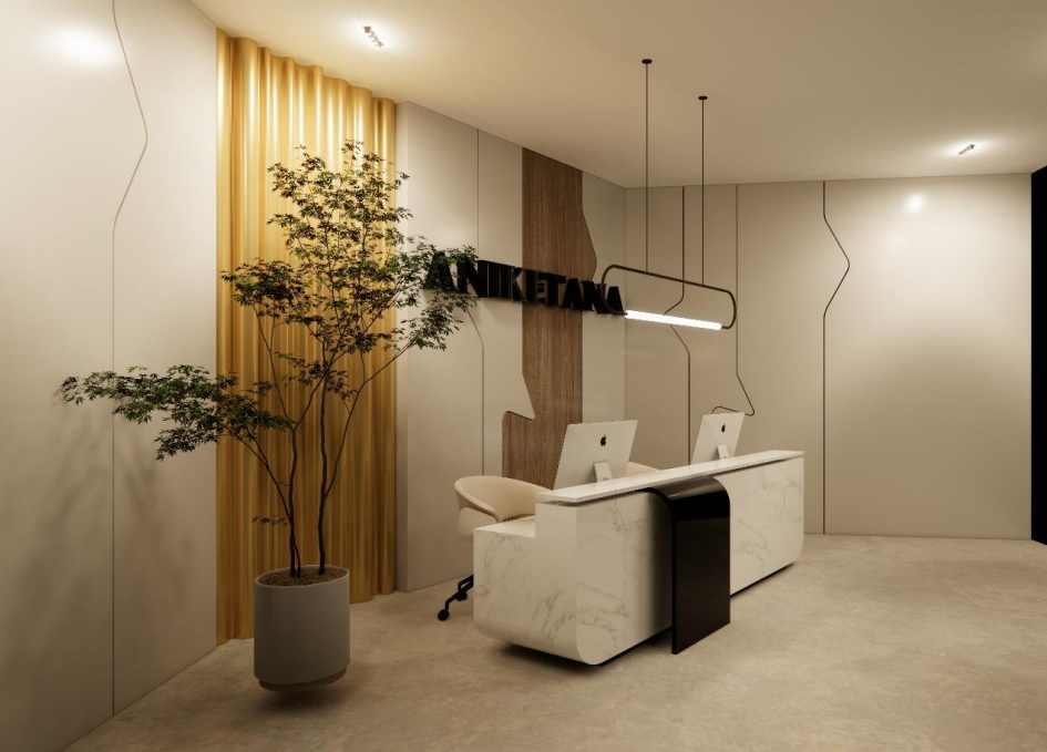 Grand lobby with marble finishes and feature lighting suited for exhibitions and demos